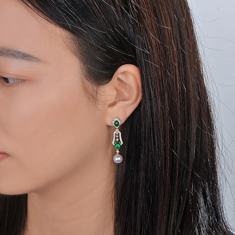 CAIMAO Natural 2.31ctw Cabochon Emeralds and Diamonds 8mm Pearl 18kt Multi-tone Gold Retro English Drop Earrings for Women
