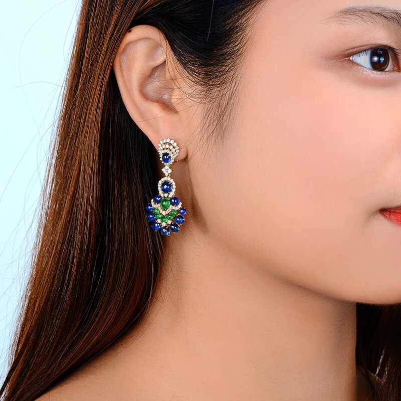 CaiMao Gorgeous Natural 14.29ctw Blue Sapphires Emeralds and Diamonds Earrings 18kt Yellow Gold Retro English Lock For Women