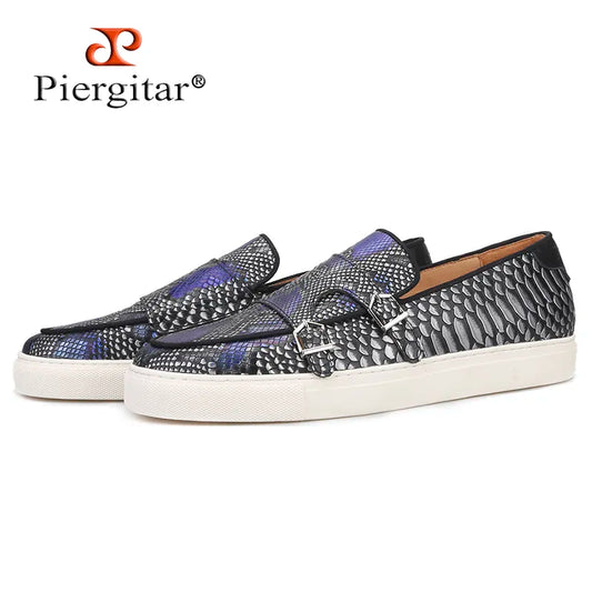 Piergitar 2019 mixed colors Genuine Leather Snake print Men sneakers Handcrafted Sporty style men's casual shoes white bottom