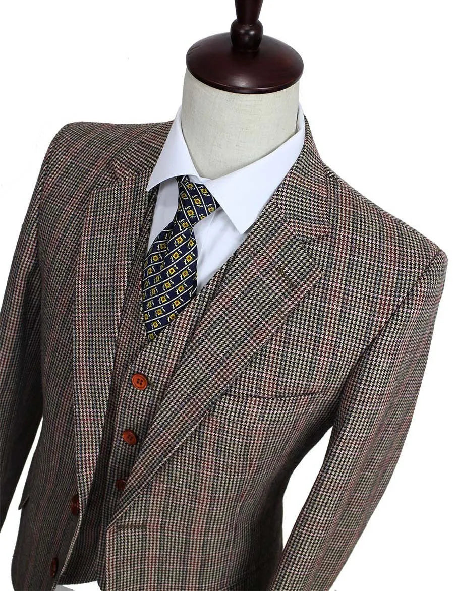 Wool Brown Classic Tweed custom made slim fit mens 3 piece suits gentleman style tailor wedding party dresses suits for men - KAISERINC