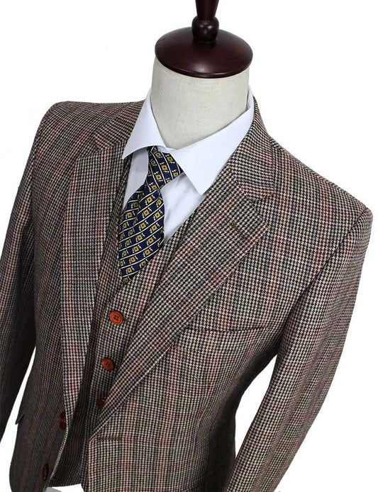 Wool Brown Classic Tweed custom made slim fit mens 3 piece suits gentleman style tailor wedding party dresses suits for men - KAISERINC