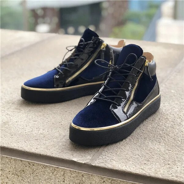 SHOOEGLE Fashion Men Sneakers Patchwork High -Top Gold Zipper Casual Shoes Flats Lace Up Trainers Ankle Boots Men Size 38-46