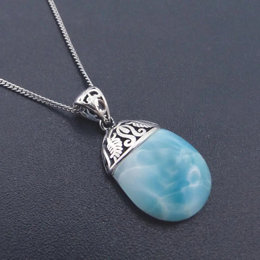 High Quality 100% 925 Sterling Silver Natural Larimar Pendant Necklace for Women Gift