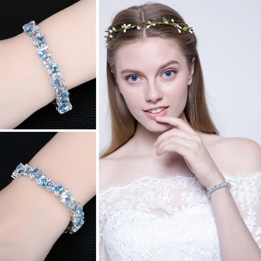 JewelryPalace LUXURY 23ct Natural Sky Swiss Blue Topaz 925 Sterling Silver Tennis Bracelets for Women Unique Gemstone Jewelry