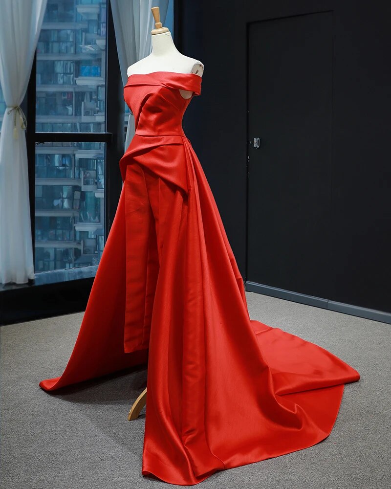 J66846 jancember red wedding party dresses with pants off shoulder boat neck lace up back engagement dresses abiye gece elbisesi