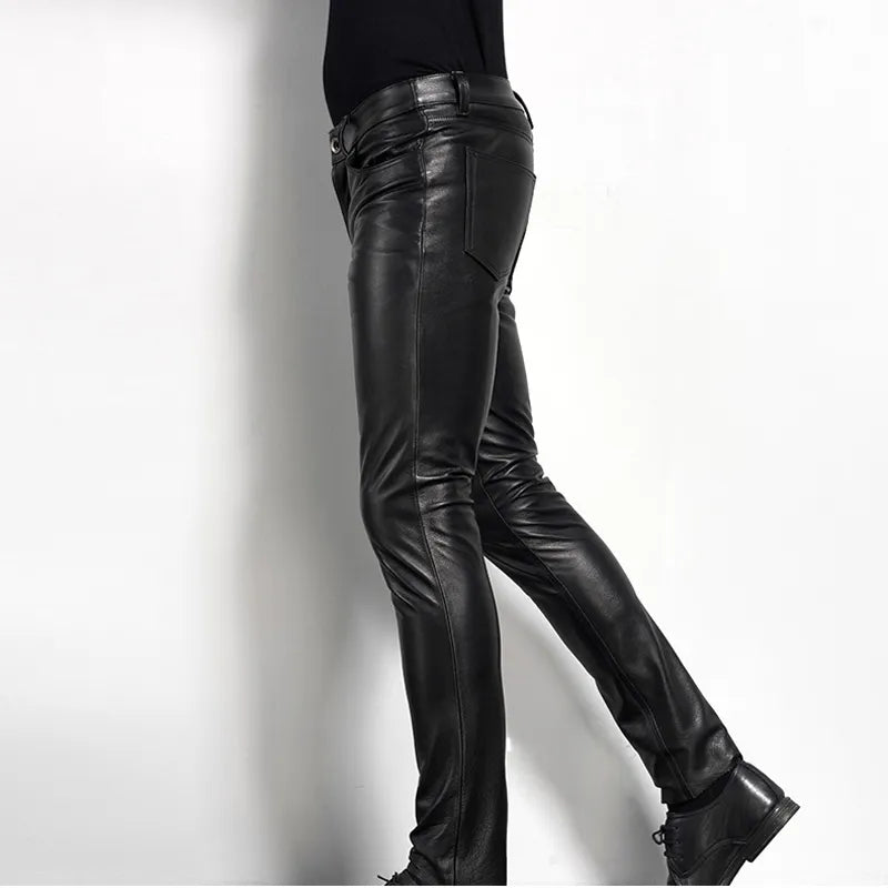 Men's Leather Biker Pants Motorcycle Punk Rock Tight Gothic Slick Smooth Shiny Trousers Sexiest Tj01