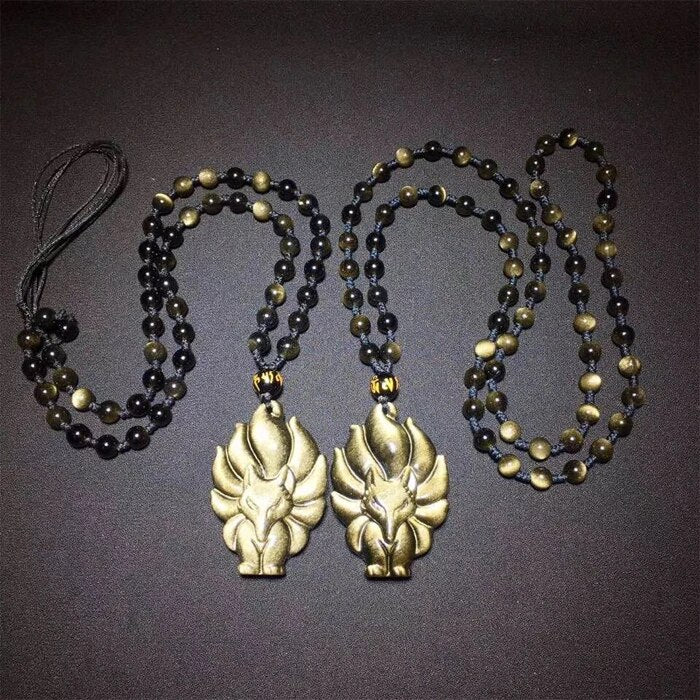 QIANXU Gold Obsidian Pendant Necklace Nine Tail Fox Necklace pendant Fox Ward off Bad Luck With Chain