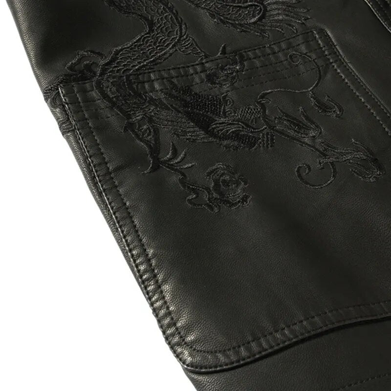Mens Black Ethnic Tang Suit Mandarin Collar Leather Kong Fu Jackets Dragon Embroidery Fur Coat Traditional Chinese Garments New - KAISERINC