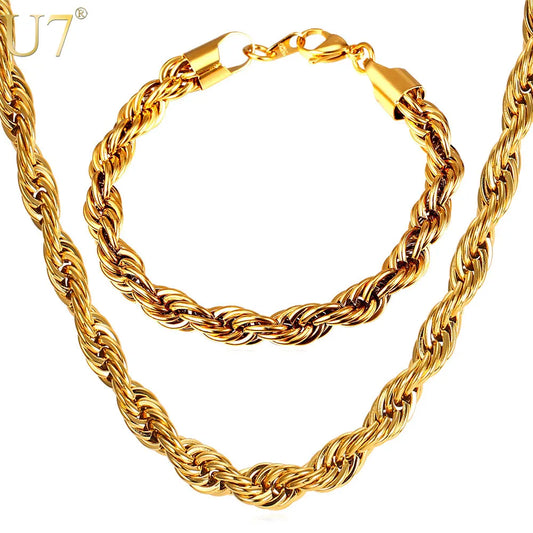 U7 Stainless Steel 9MM Twisted Rope Chain Necklace Set Wholesale Chain Necklace And Bracelet Men Jewelry Sets S840