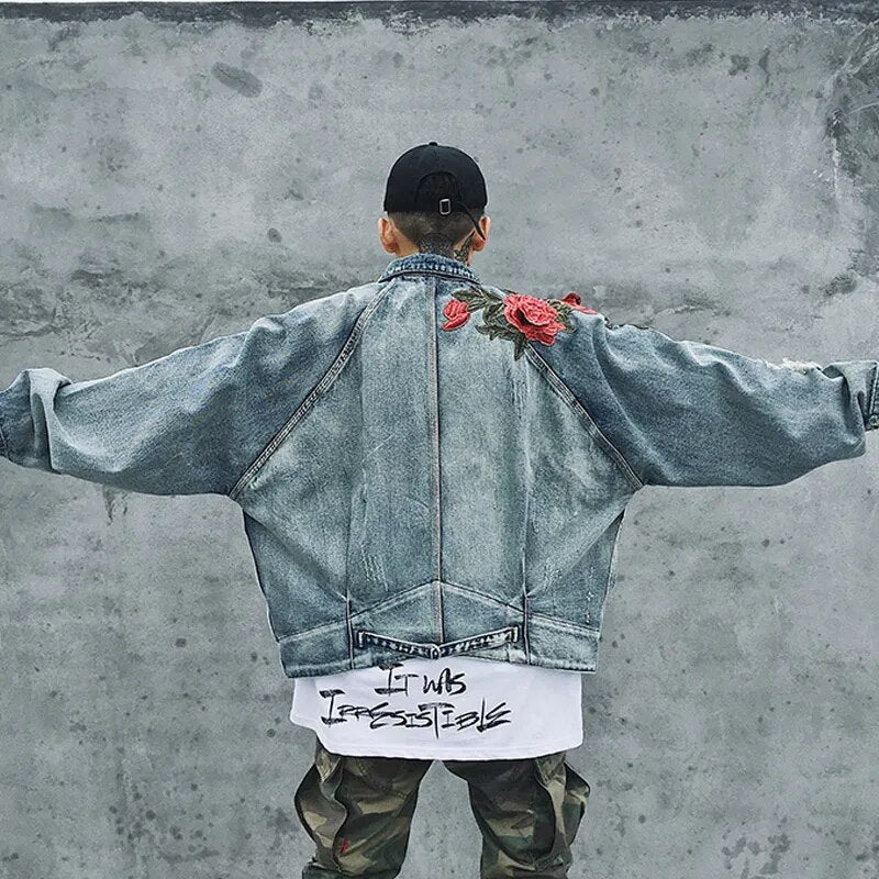 Spring New Men's Clothing Denim Jacket 3D Rose Flower Embroidery Vintage Frayed Hole Coats High Street Hip Hop Outerwear
