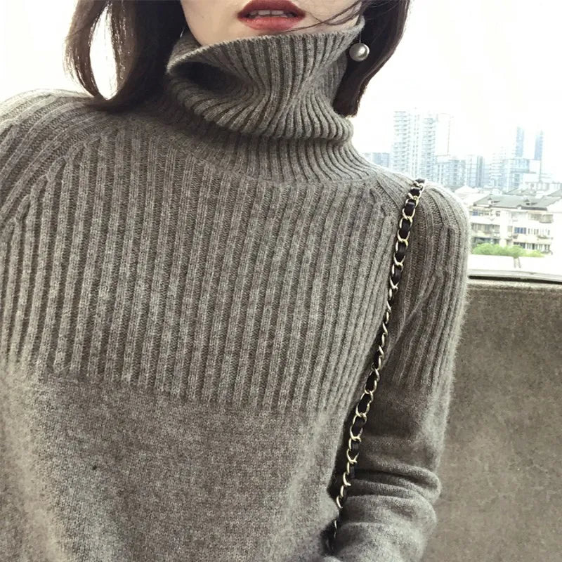 BELIARST  Autumn and Winter 100% Pure wool Sweater Women's High Collar Loose Pullover Lazy Wind Sweater  Was Thin