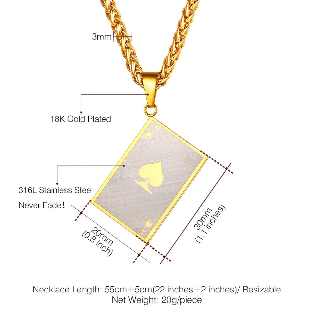 U7 Necklace Matte Poker Spade Ace Stainless Steel Pendant With Chains Gold/Black Color Christmas Gift Jewelry Necklaces P1137