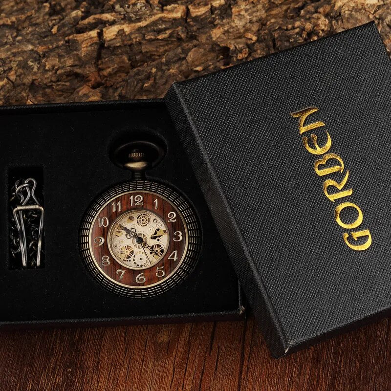 Vintage Wood Circle Carved Number Dial Mechanical Pocket Watch Men Unique Hollow Steampunk Bronze Mechanical Clock Watches Chain