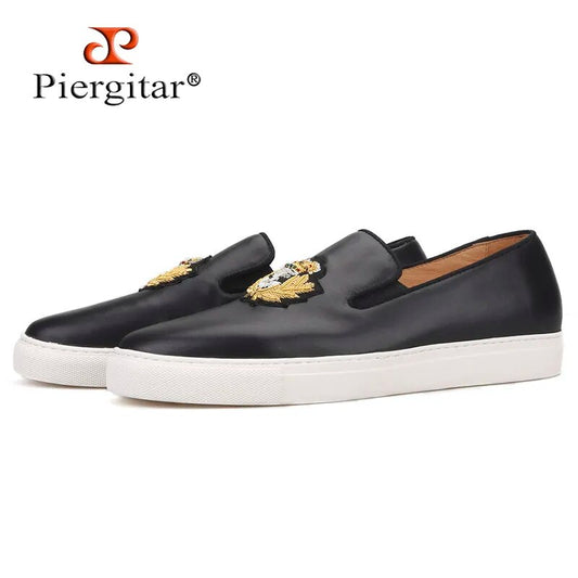 Piergitar 2022 New Four Colors Genuine Leather Men Sneakers Handcrafted Indian Silk Embroidery Men's Casual Shoes White Bottom