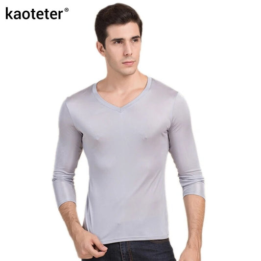 100% Real Silk Man's T-shirts Autumn Winter Full Long Sleeve V Neck Man Wild Black White Color Male Bottoming Tee Shirts Tops