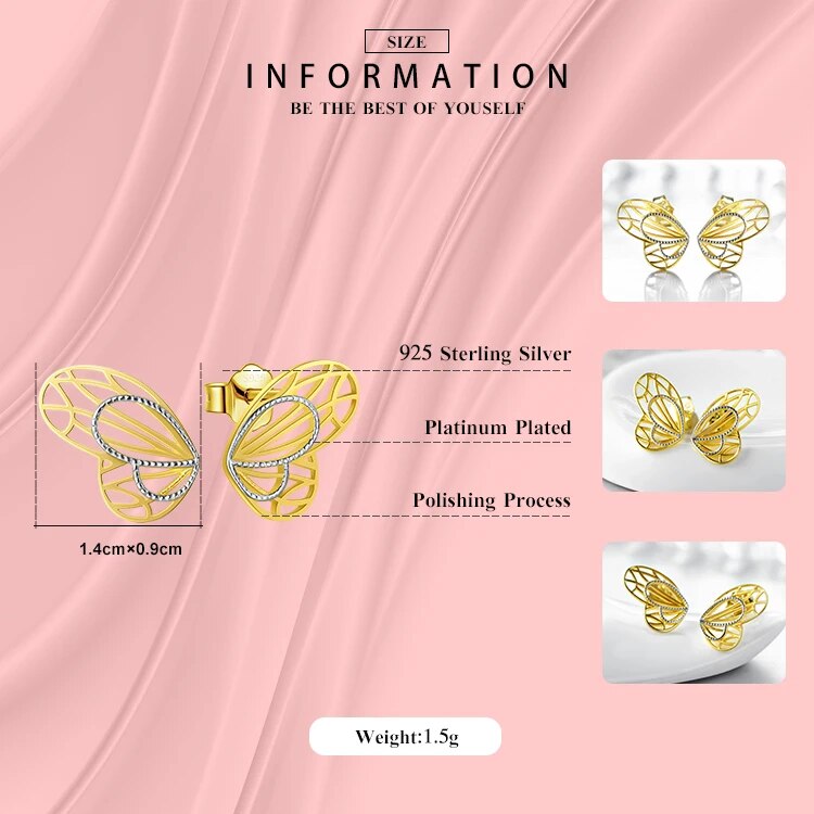 Modian Fashion 100% 925 Sterling Silver 18K Gold Plated Line Lovely Butterfly Stud Earrings For Women Charm Silver Fine Jewelry