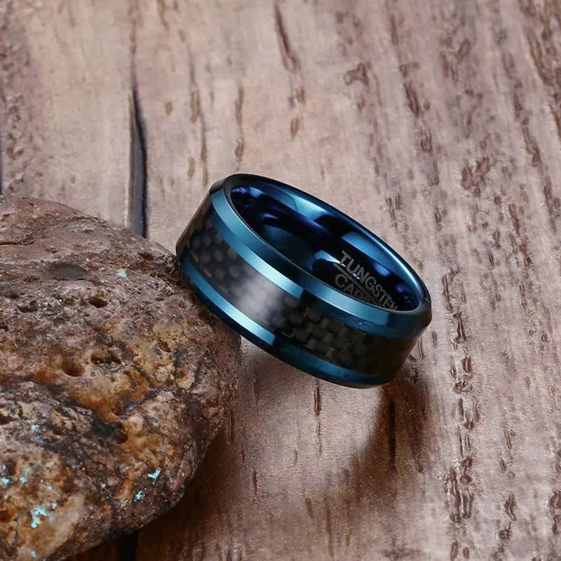Vnox Blue Tungsten Rings for Men Wedding Bands 8mm Men's Carbon Fiber Tungsten Carbide Men Ring Jewelry