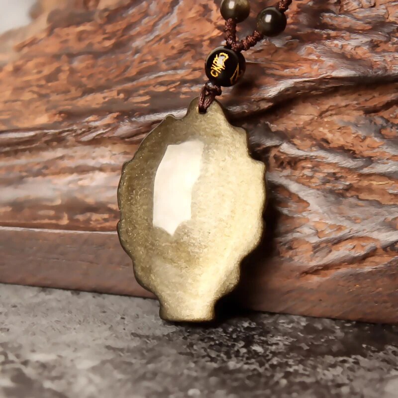 QIANXU Gold Obsidian Pendant Necklace Nine Tail Fox Necklace pendant Fox Ward off Bad Luck With Chain