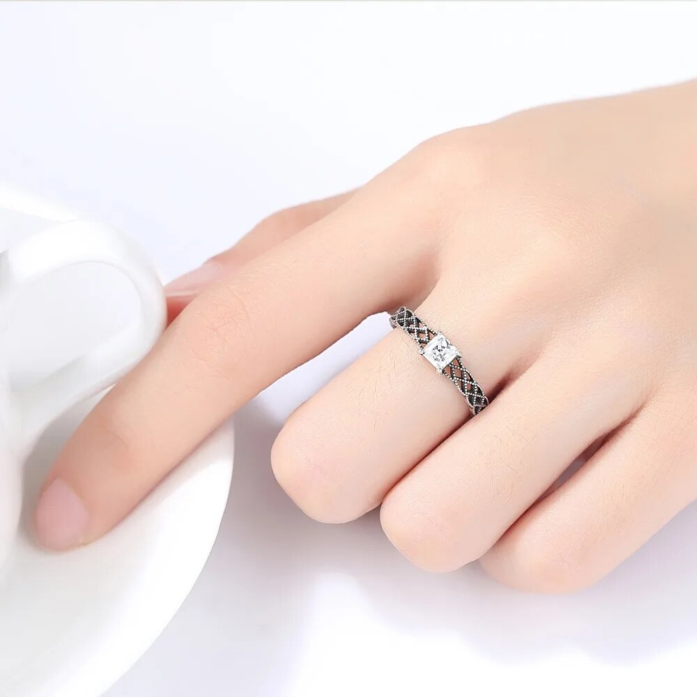 CZCITY Rhombic Design 925 Sterling Silver Adjustable Rings For Women Charming Clear Zircon Silver Bague Femme De Marque De Luxe