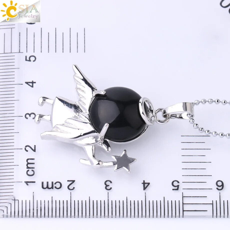 CSJA Cute Angel Pendant Natural Stone Necklace Pink Quartz Purple Crystal Beads Pendants for Women Healing Fashion Jewelry F872