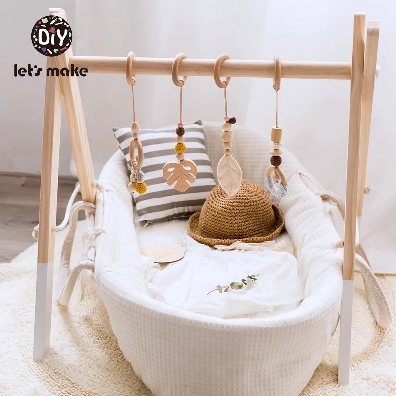 Let's Make Baby Toys 1set/4pcs Play Gym Wooden Beads Beech leaf Pendant Teething Nursing Stroller 0-12 Months Baby Rattle Toys