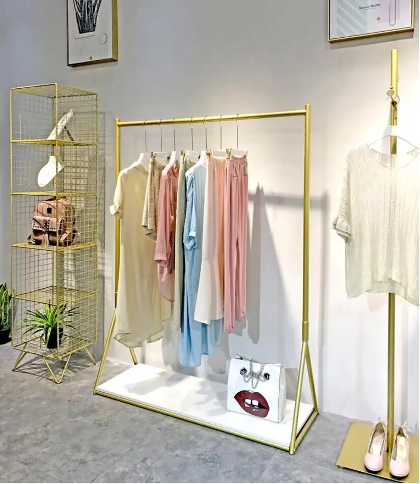Clothing store display rack gold clothing rack women's clothing store shelf floor hangers do not drop paint shop design