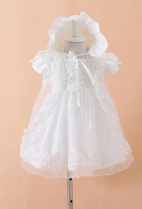 IYEAL Baby Girls Christening Gown Dresses+Hat+Shawl Vestidos Infantis Princess Wedding Party Lace Dress for Newborn Baptism 3PCS - KAISERINC