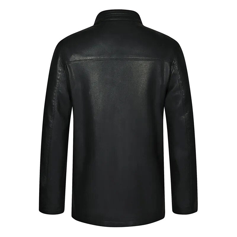 Mens Black Ethnic Tang Suit Mandarin Collar Leather Kong Fu Jackets Dragon Embroidery Fur Coat Traditional Chinese Garments New