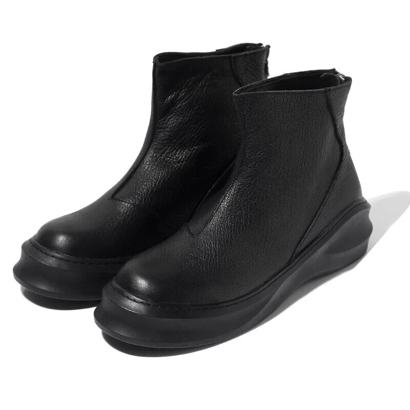 New Men Casual Boots Cow Leather High-TOP Ankle Boots Luxury Trainers Spring Zip Flats Black Shoes Sneakers