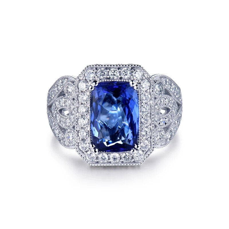 LOVERJEWELRY Tanzanite Rings for Women Pure 14Kt White Gold 3.55Ct Natural Tanzanite Female Engagement Diamonds Ring Jewelry