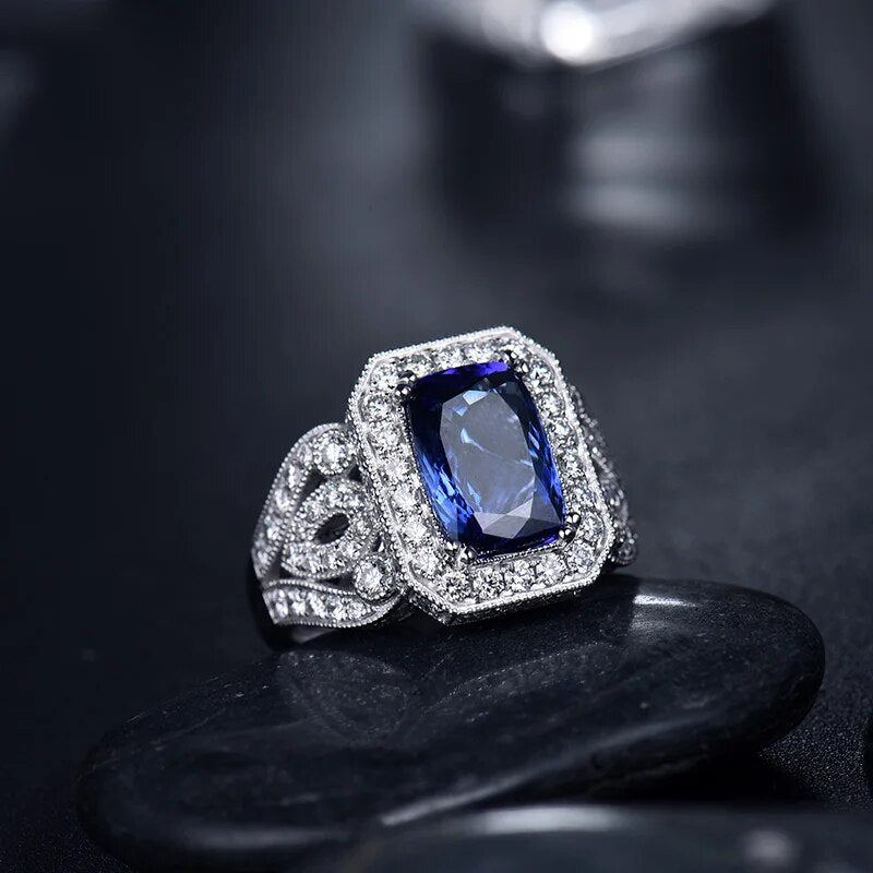 LOVERJEWELRY Tanzanite Rings for Women Pure 14Kt White Gold 3.55Ct Natural Tanzanite Female Engagement Diamonds Ring Jewelry