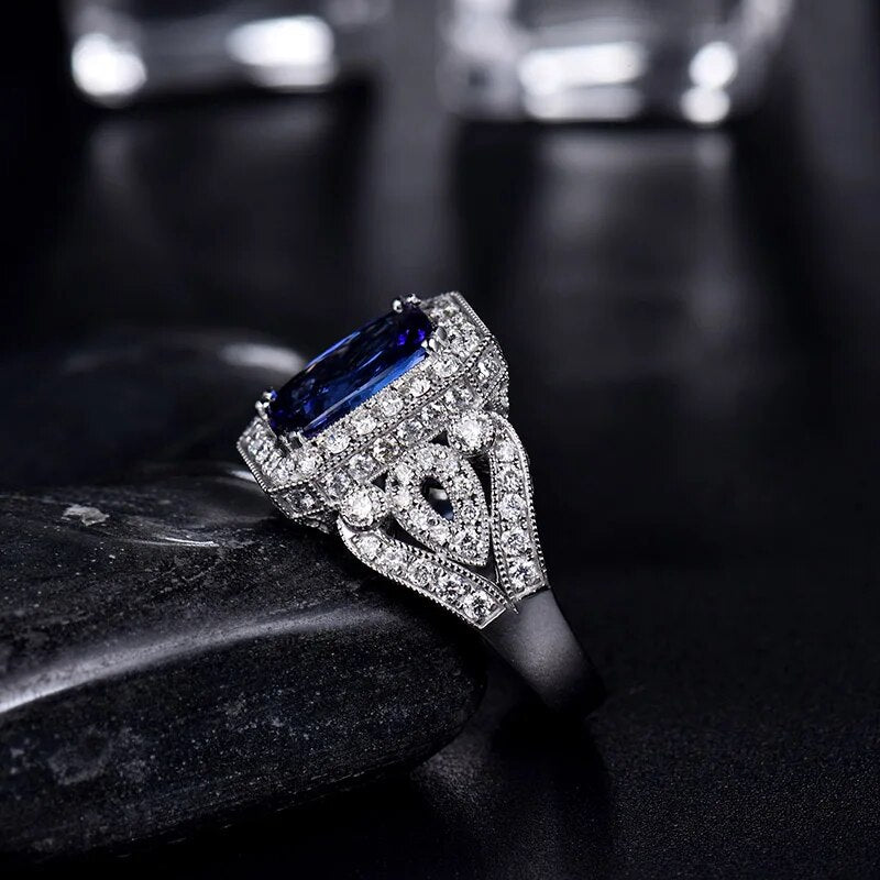 LOVERJEWELRY Tanzanite Rings for Women Pure 14Kt White Gold 3.55Ct Natural Tanzanite Female Engagement Diamonds Ring Jewelry