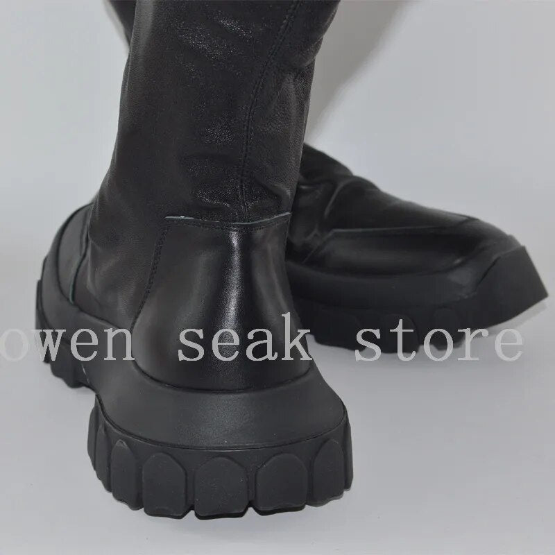 Owen Seak Men Shoes Knee High Boots Sheepskin Leather Luxury Trainers Women Winter Boots Casual Flats Shoes Black Big Sneakers