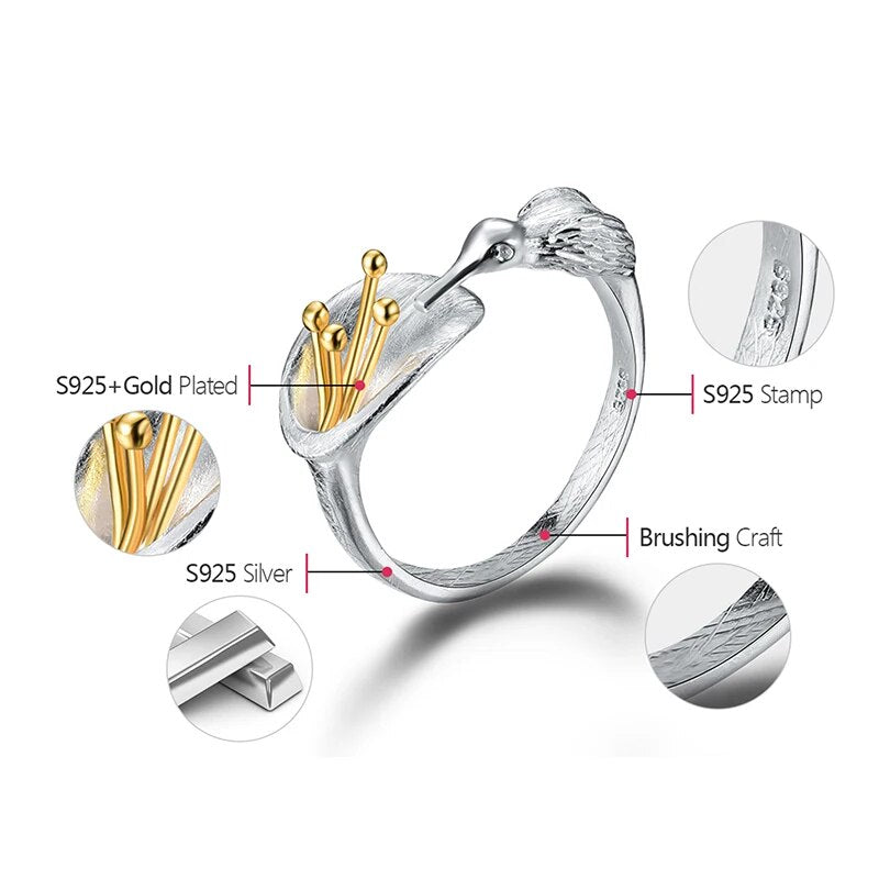 Lotus Fun Real 925 Sterling Silver Bird Ring Natural Creative Design Fine Jewelry Adjustable Hummingbird Rings for Women Bijoux