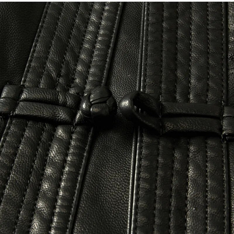 Mens Black Ethnic Tang Suit Mandarin Collar Leather Kong Fu Jackets Dragon Embroidery Fur Coat Traditional Chinese Garments New - KAISERINC
