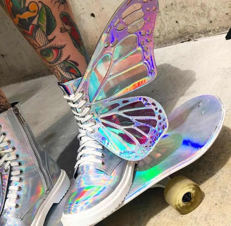 Women Butterfly Wings Sneakers Shine Silver Short Boots Lace Up Colorful Ladies Shoes Sneakers With Sequines Women Runway Boots