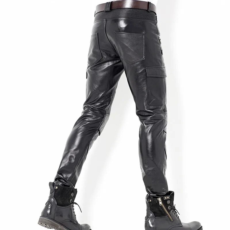 Fashion Mens Leather Pants New Punk Trousers Skinny Genuine Leather Pants Joggers Pants For Men Zipper Straight Pants Plus Size