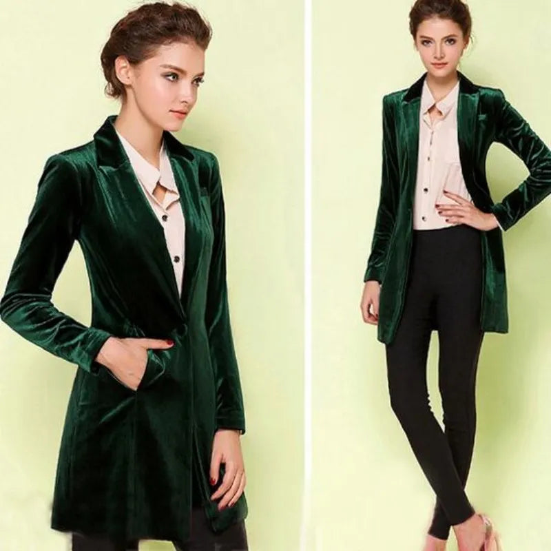 New Female High Quality Chic Tops Europe women's velvet blazer Slim Fit Long OL jacket Ladies Blouses Suit Coat Free Shipping