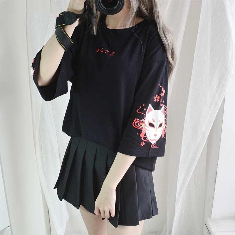 Japanese Harajuku T Shirt Women Vintage Kawaii Anime Cat Girl's Black Tops Lolita Gothic Animal Print Oversized Cute Tee Shirts