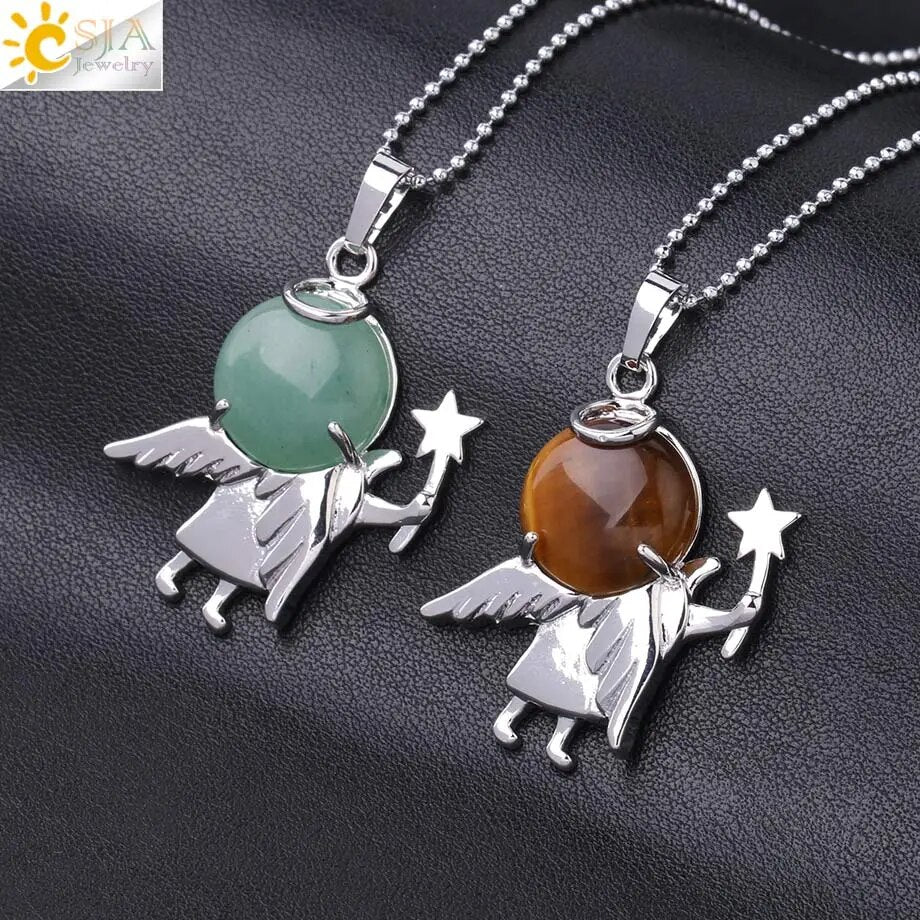 CSJA Cute Angel Pendant Natural Stone Necklace Pink Quartz Purple Crystal Beads Pendants for Women Healing Fashion Jewelry F872