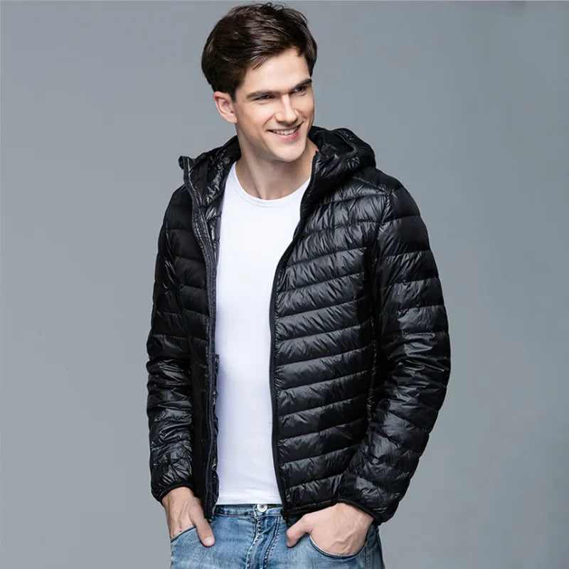 Men Fluffy Winter Coat Fashion Hooded Duck Down Jackets Ultralight Puffer Down Coat Portable Slim Feather Filling Parkas 5XL 6XL - KAISERINC