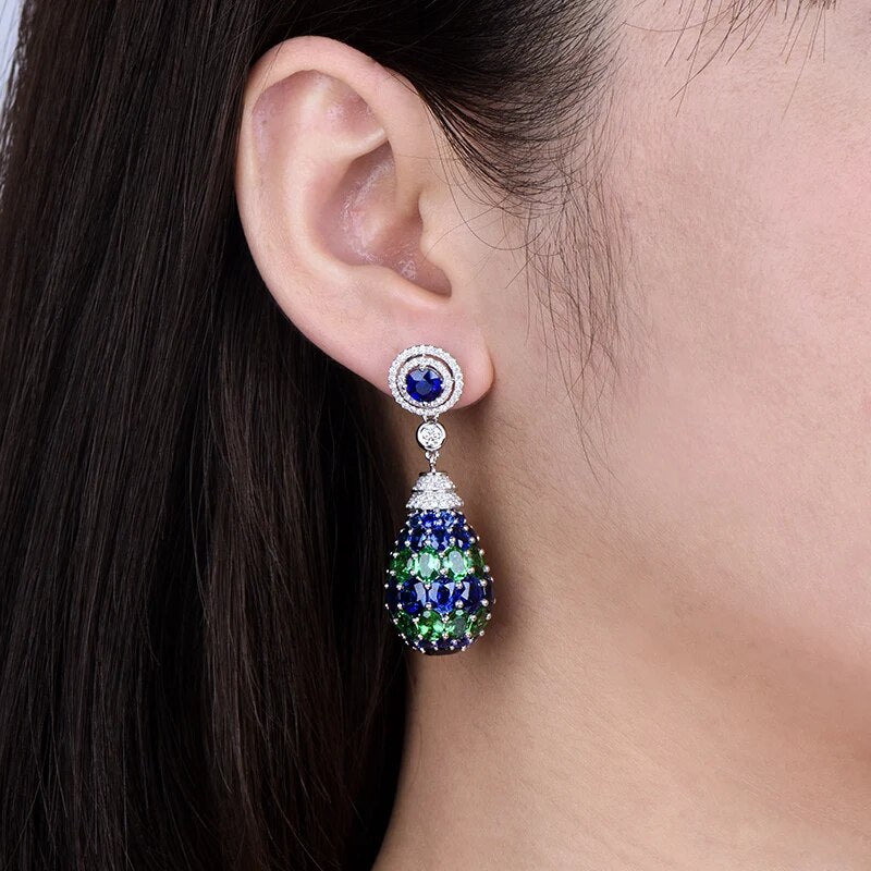 LOVERJEWELRY Luxury Jewelry Solid 18KT White Gold Blue Sapphire Drop Earrings Tsavorite Diamond Earrings For Women Party Wedding