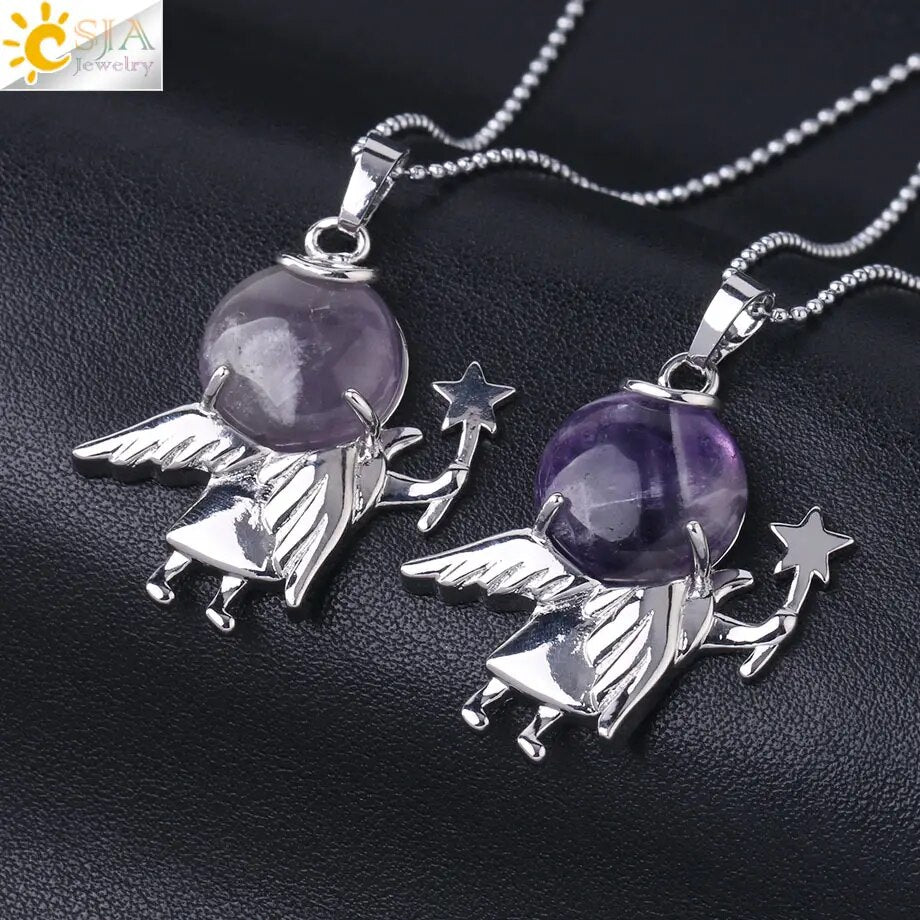 CSJA Cute Angel Pendant Natural Stone Necklace Pink Quartz Purple Crystal Beads Pendants for Women Healing Fashion Jewelry F872