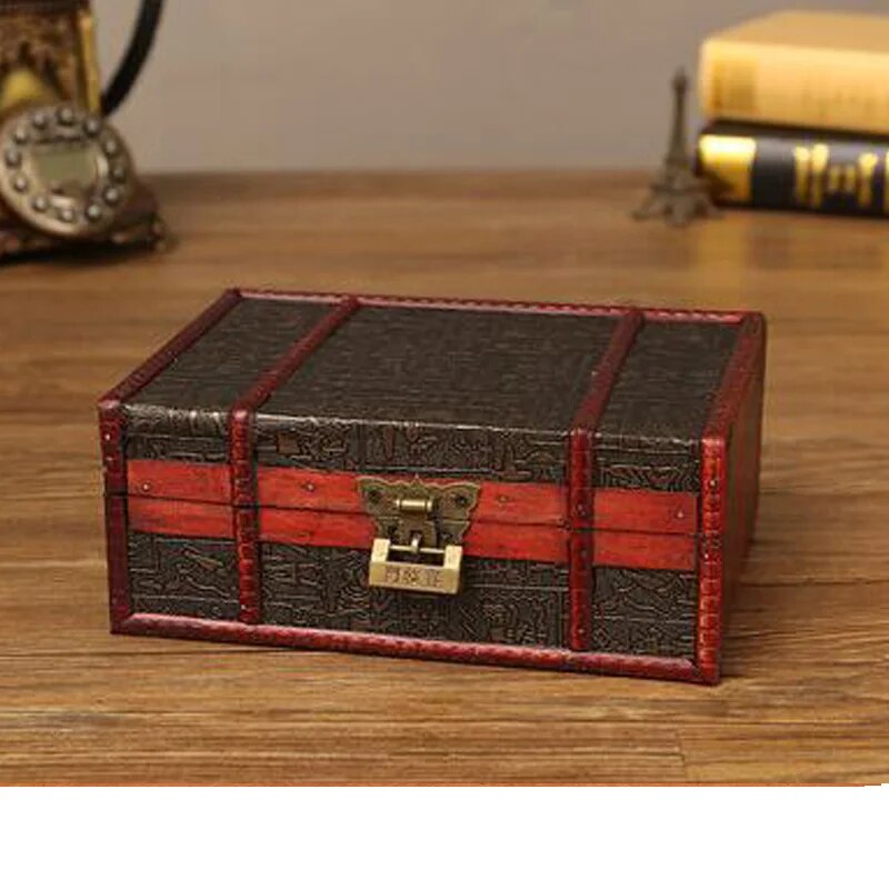 European vintage Wood box with lock storage box rectangle Desktop box antique wooden jewelry box