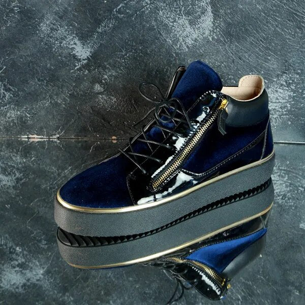 SHOOEGLE Fashion Men Sneakers Patchwork High -Top Gold Zipper Casual Shoes Flats Lace Up Trainers Ankle Boots Men Size 38-46