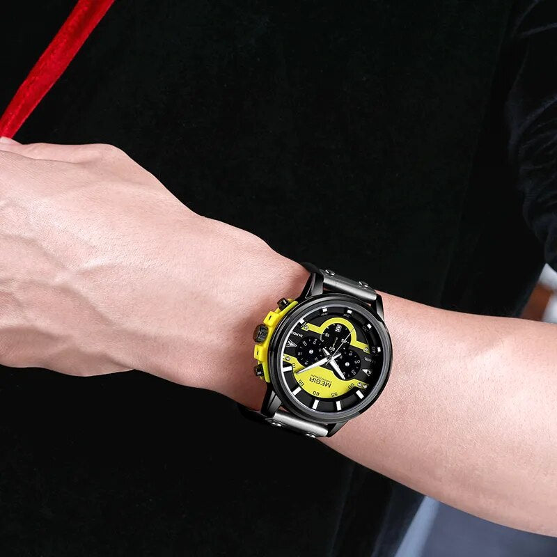 MEGIR New Men's Watches Luxury Top Brand Chronograph Sports Watch Waterproof Leather Quartz Wrist Watch Relogio Masculino 2020