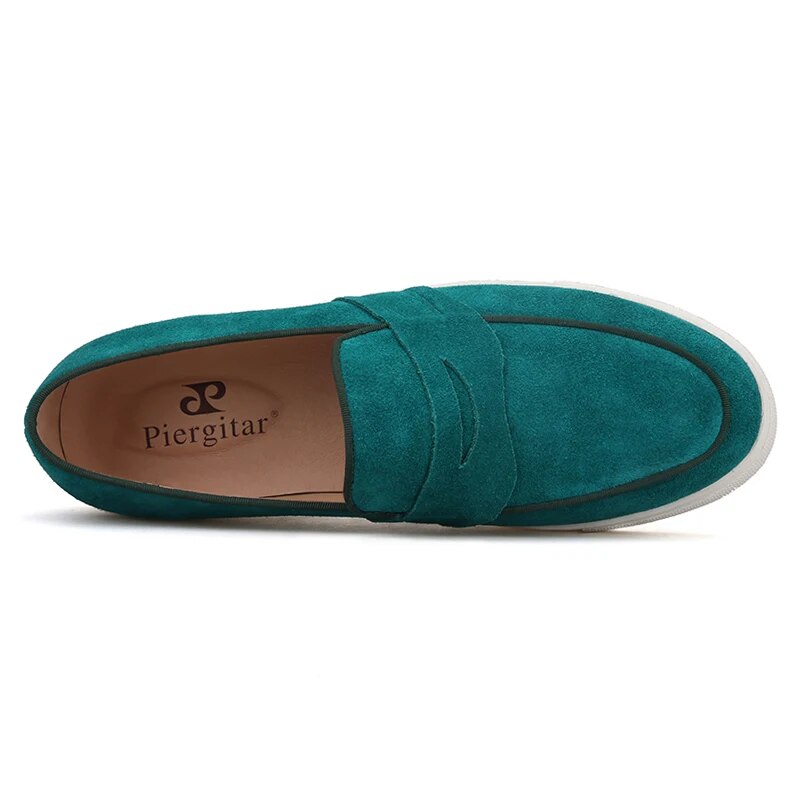 Piergitar 2021 Men Sneakers Green Color Suede Men's Vulcanize Shoes Handmade Male Penny Loafers Wihte Bottom Man Flats