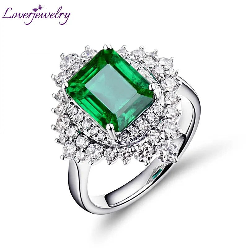 LOVERJEWELRY Emerald Ring 18Kt White Gold Natural Green Emerald Gemstone SI Diamonds Wedding Engagement Emerald Rings For Women