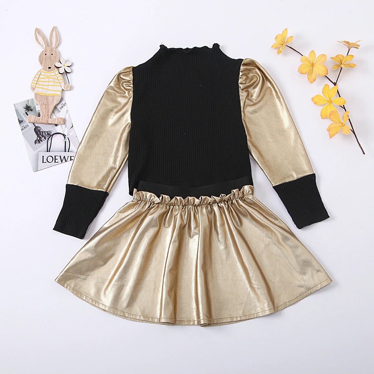 FOCUSNORM Fashion Autumn Kids Girls Clothes Sets Long Puff Sleeve Knit Pullover Tops Solid A-Line Mini Skirts 1-8Y