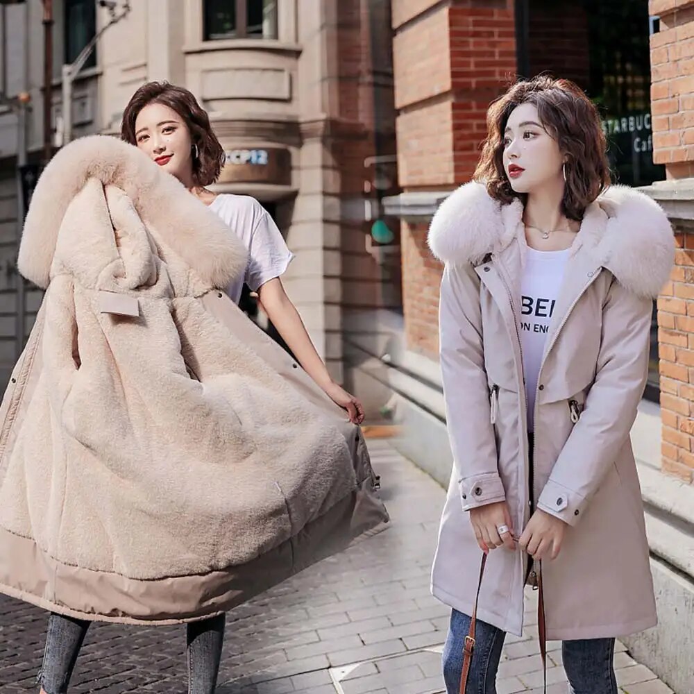 Vielleicht 2022 New Warm Fur Lining Long Parka Winter Jacket Women's Clothing 6XL Medium Long Hooded Winter Coat Women